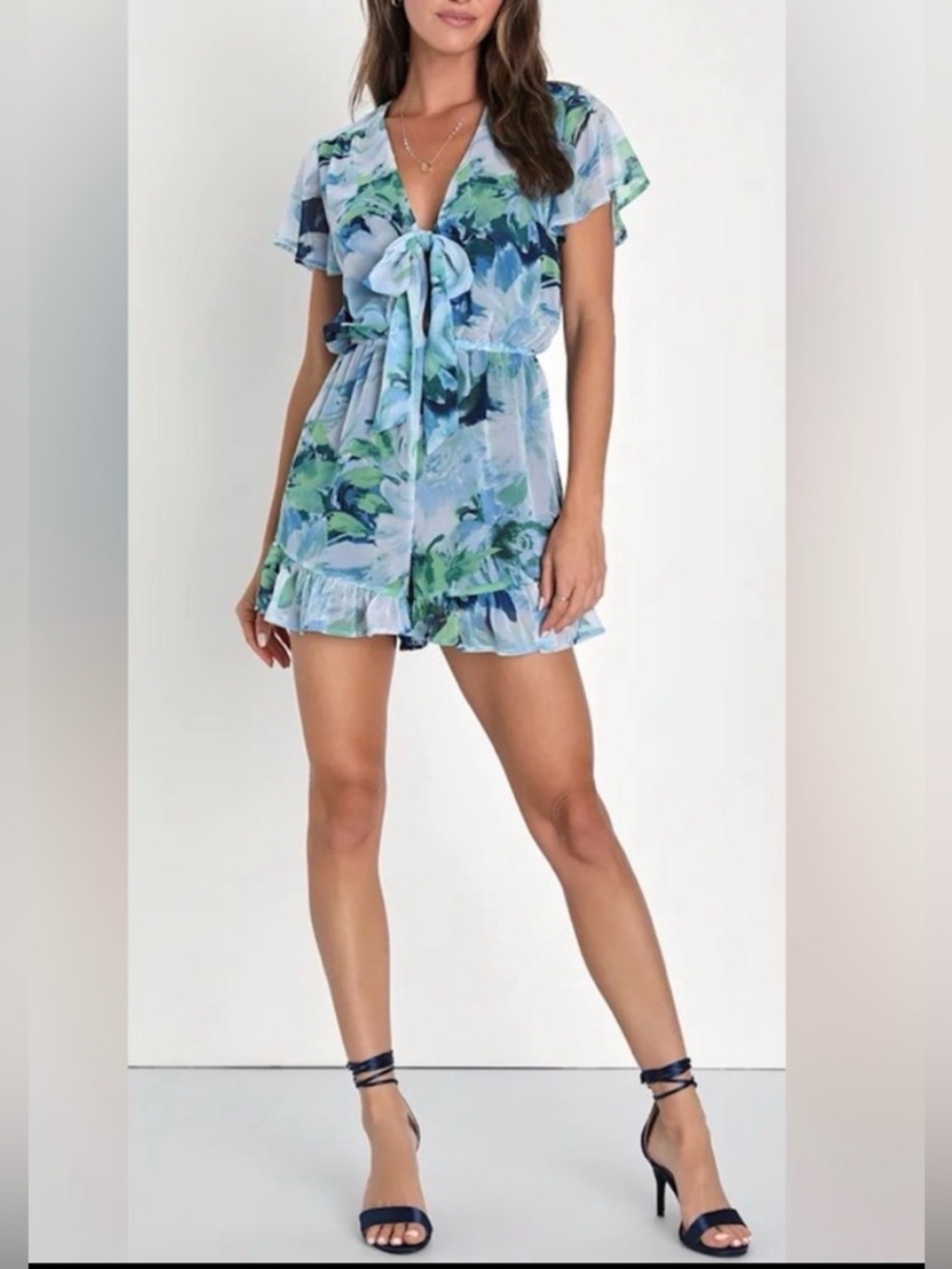 NEW Lulu's Small Blue and Green Watercolor Floral romper with tie at chest
